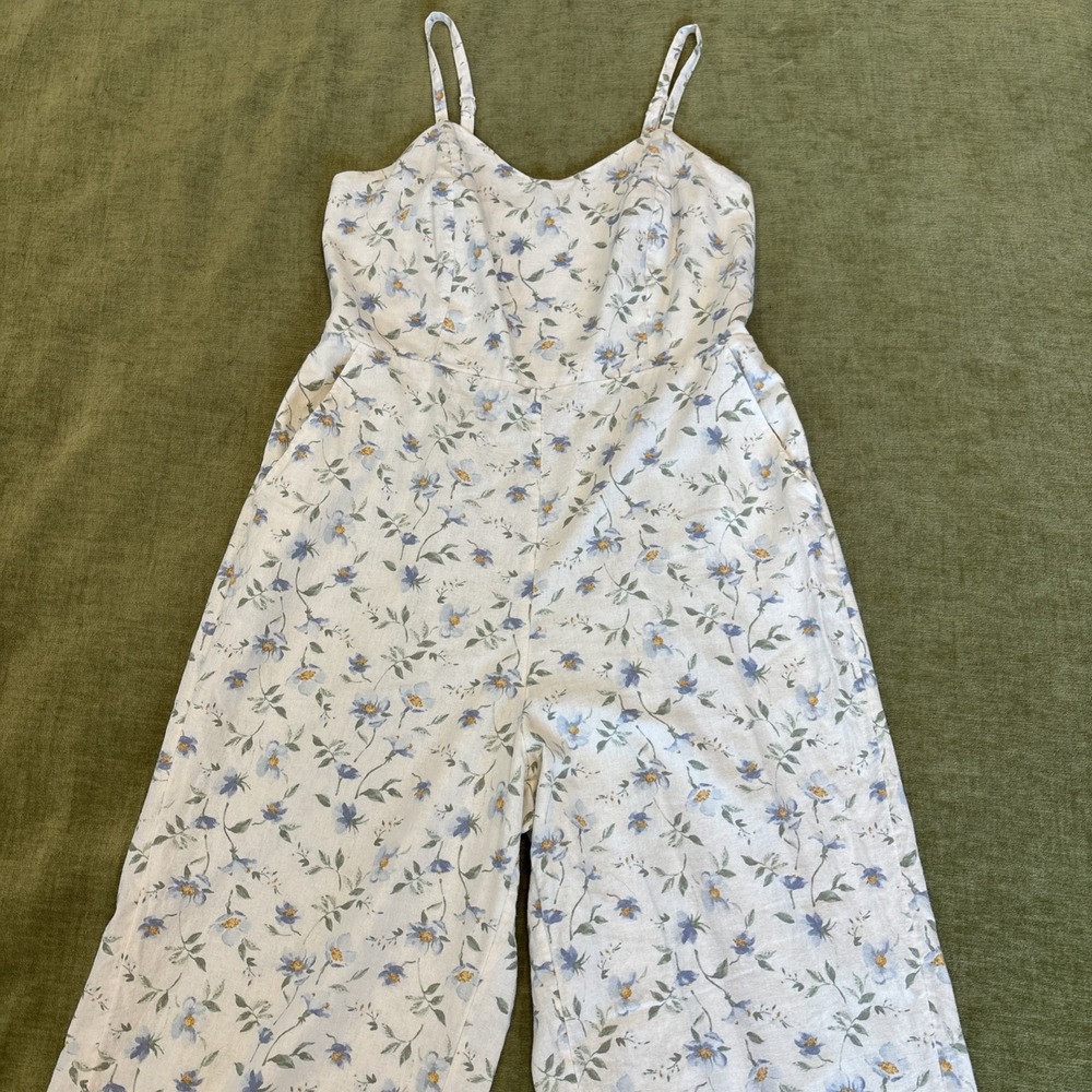 Wide Leg Linen One Piece Jumpsuit Summer Pantsuit Blue Floral Cottagecore SZ LG